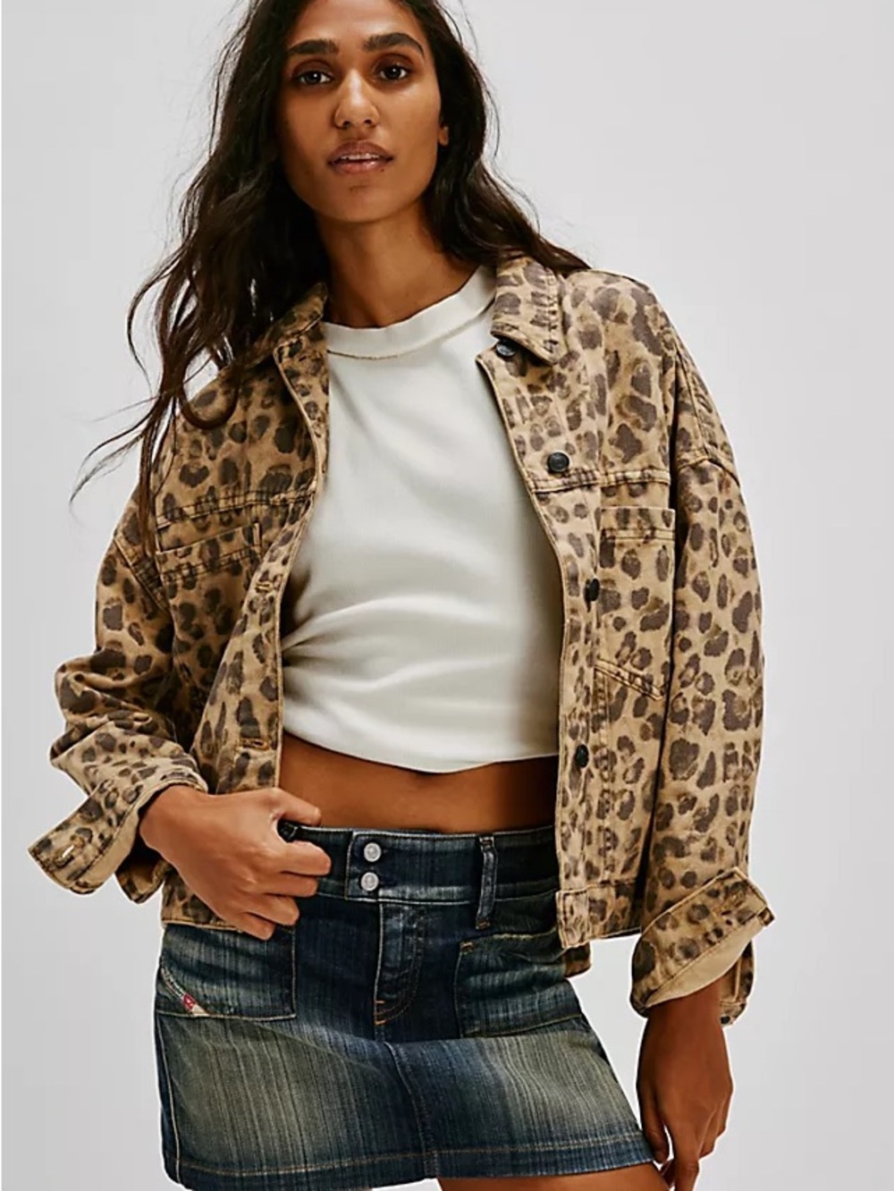 We The Free Leopard Print Jean Jacket in Tan and Brown